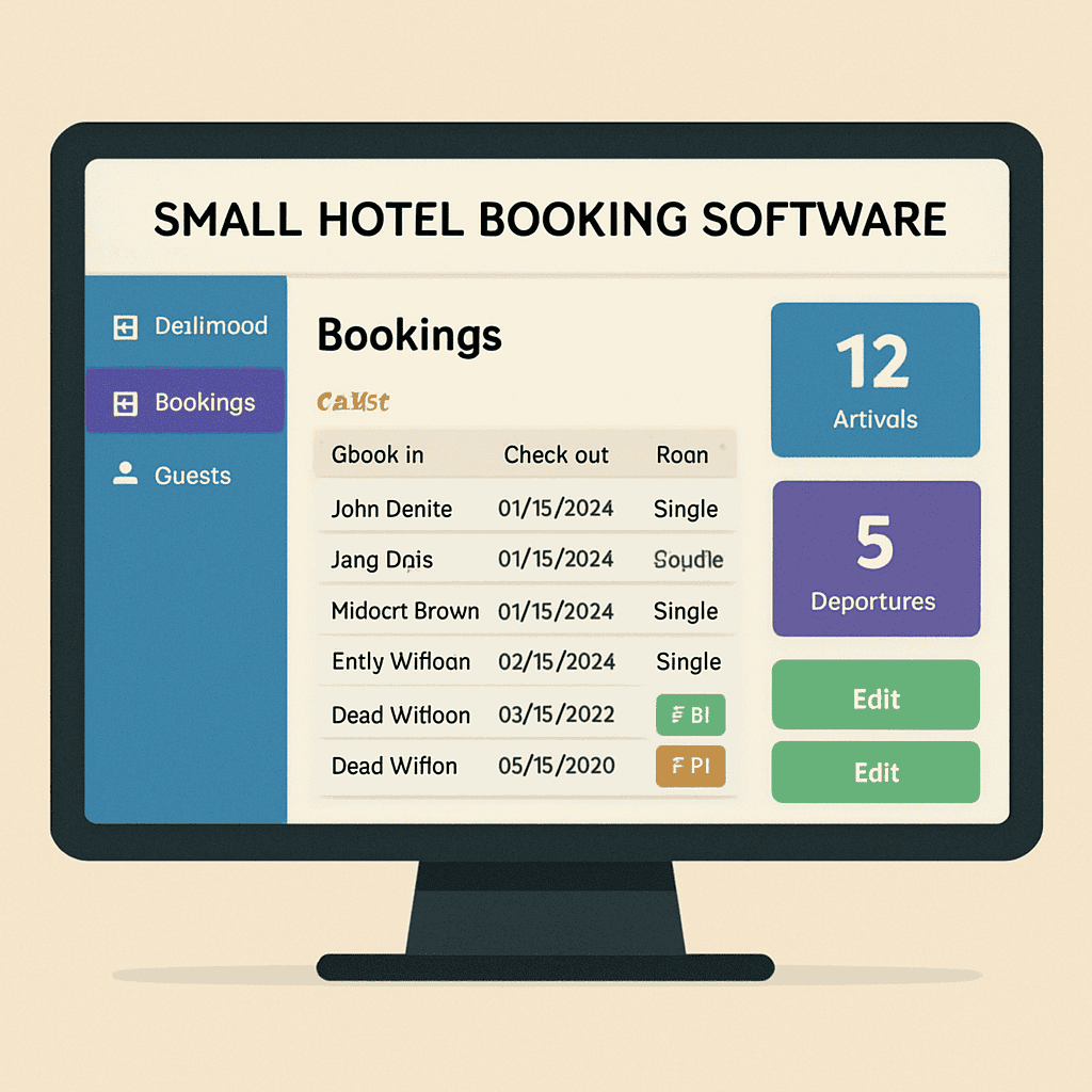 Hotel booking software dashboard showing guest bookings table with arrival/departure statistics and navigation menu on computer monitor.