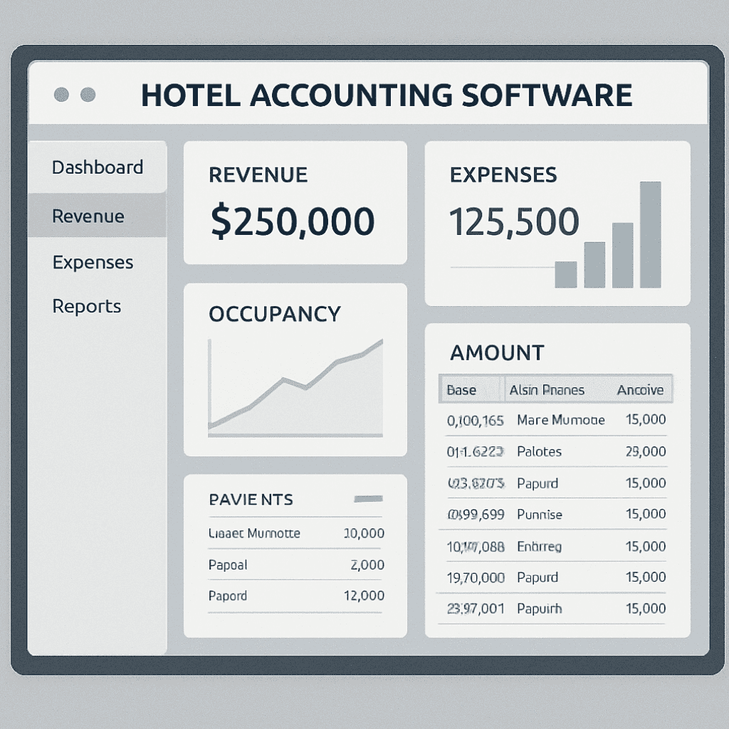 Hotel accounting dashboard showing $250,000 revenue, 125,500 expenses with charts, occupancy trends, and payment breakdowns in a gray interface.